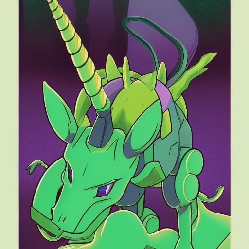 unicorn pokemon purple and green two horns one robotic hoof ...
