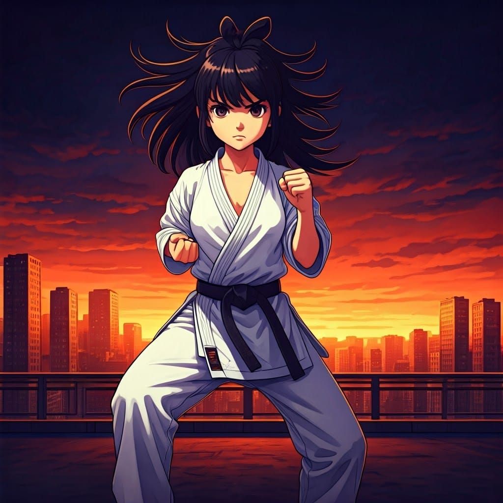 Dynamic Karate Girl in Anime Style Cityscape