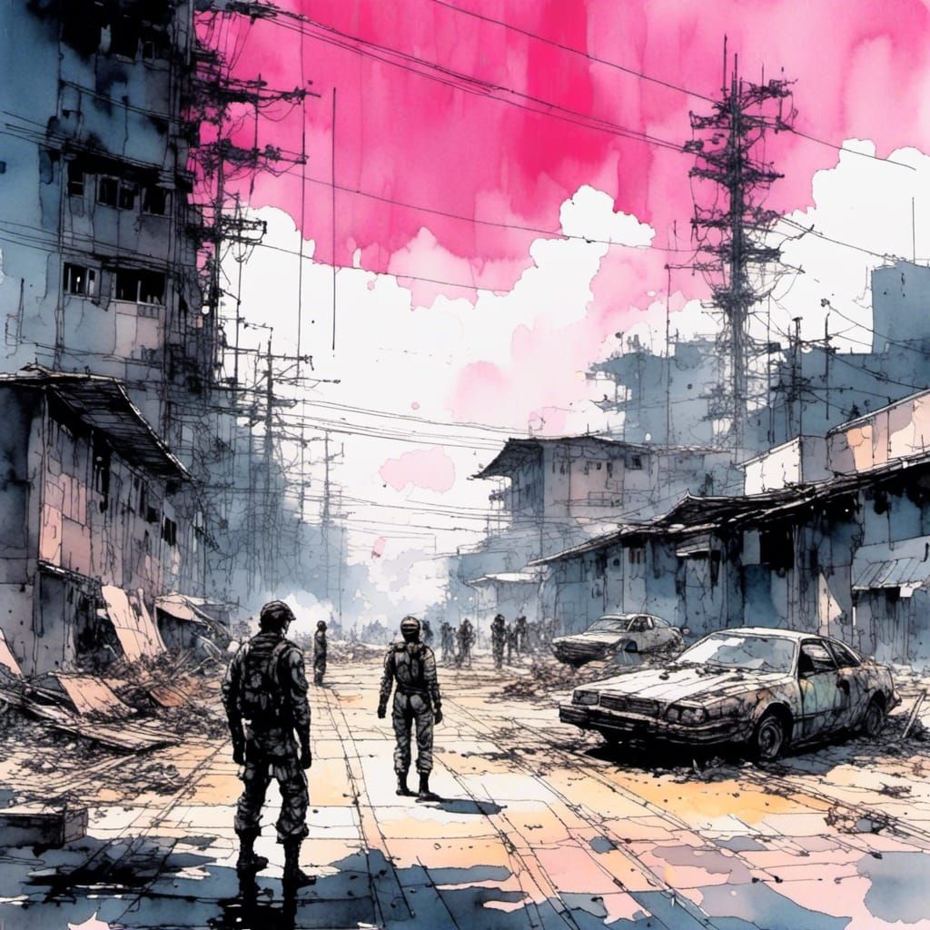 <lora:watr:1.0> a watercolour of a airfield with a crash, a ...