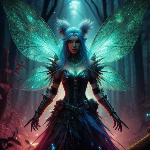 Cyberpunk fairy, ancient overgrown  enchanted forest, bioluminescent wings, <lora:Fairies:0.5> 