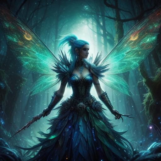 Cyberpunk fairy, ancient overgrown  enchanted forest, bioluminescent wings, <lora:Fairies:0.5> 