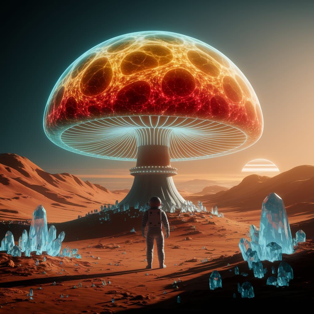 Astronaut and Bioluminescent Mushroom on Alien Planet