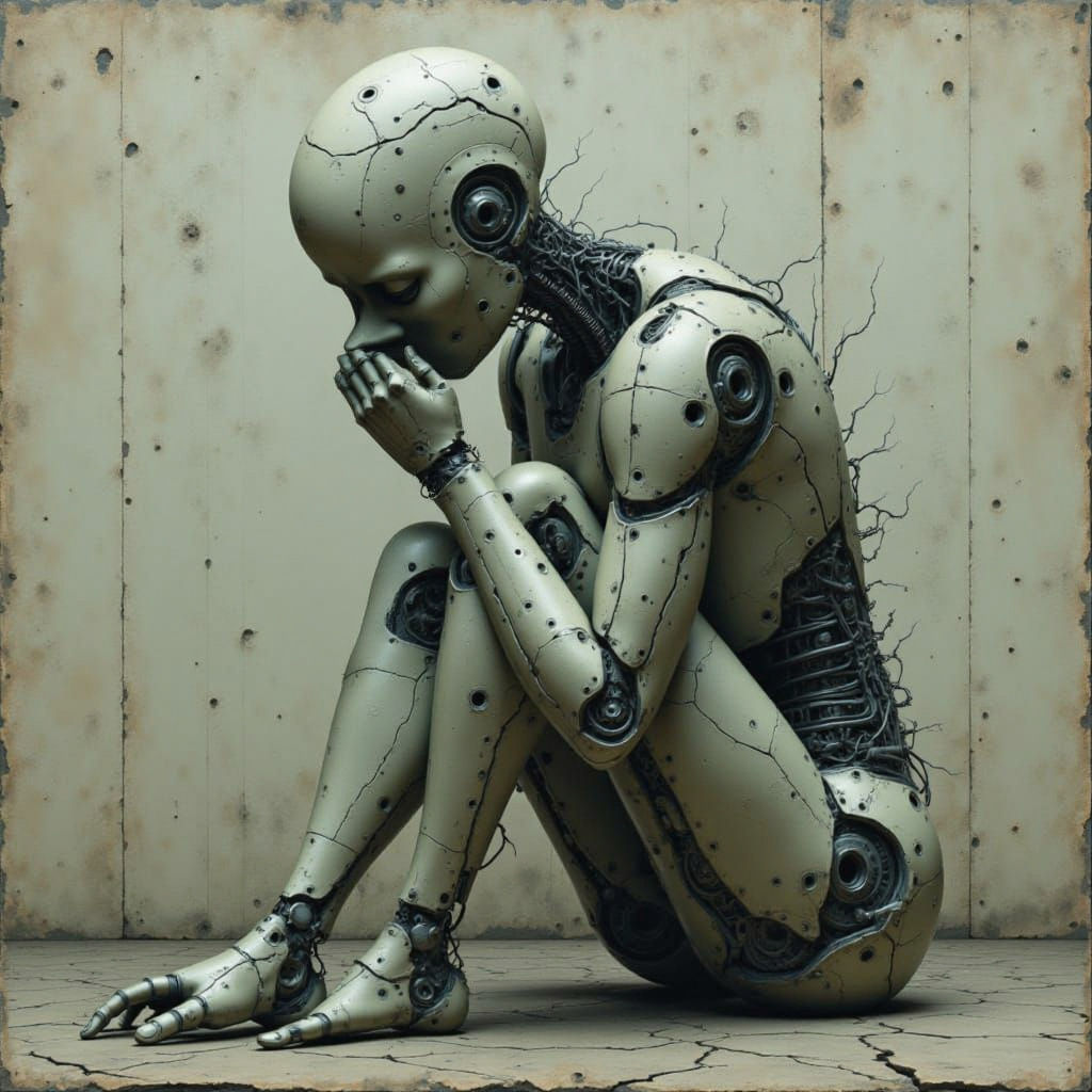 <lora:Alchemy-and-Androids:1.0>  dieselpunkTechnoSurreal painting of a broken hungover android weeping in the fetal position, by Dran and b...