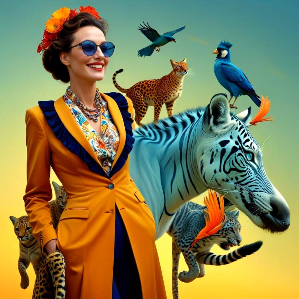 Elegant Ladies Amidst Whimsical Feline Realm in Vibrant Colo...