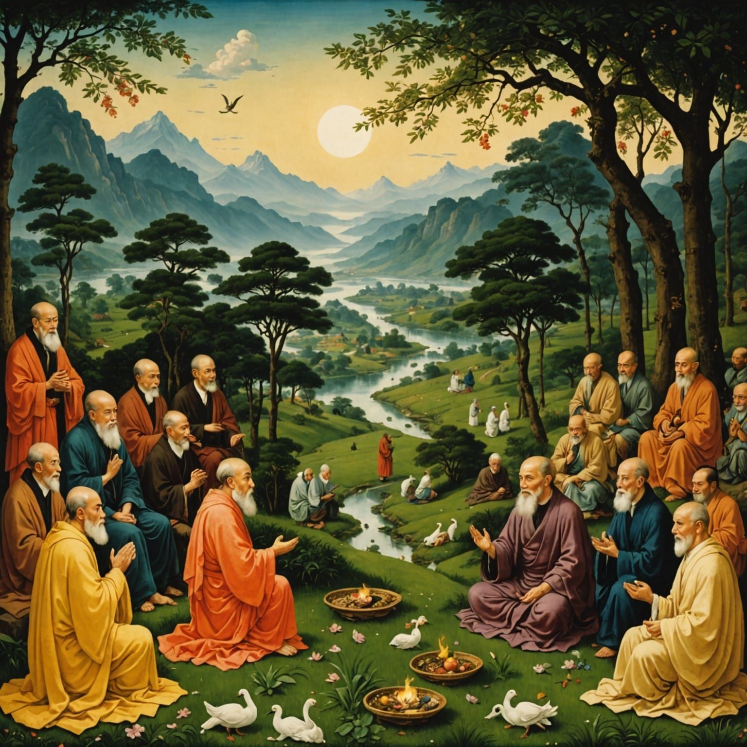 Buddhist Sages Cultivate Right View in Surrealist Landscape