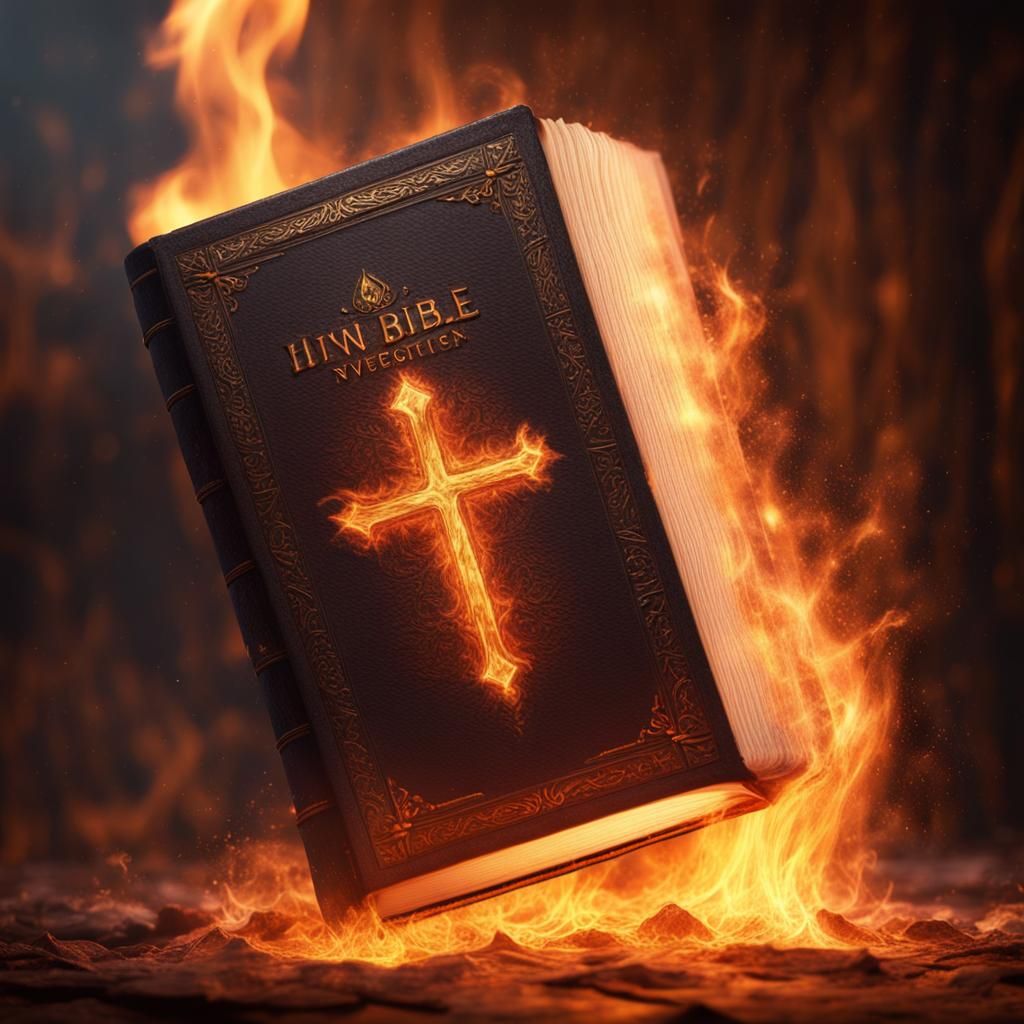 Holy Bible enveloped in fire with living flames