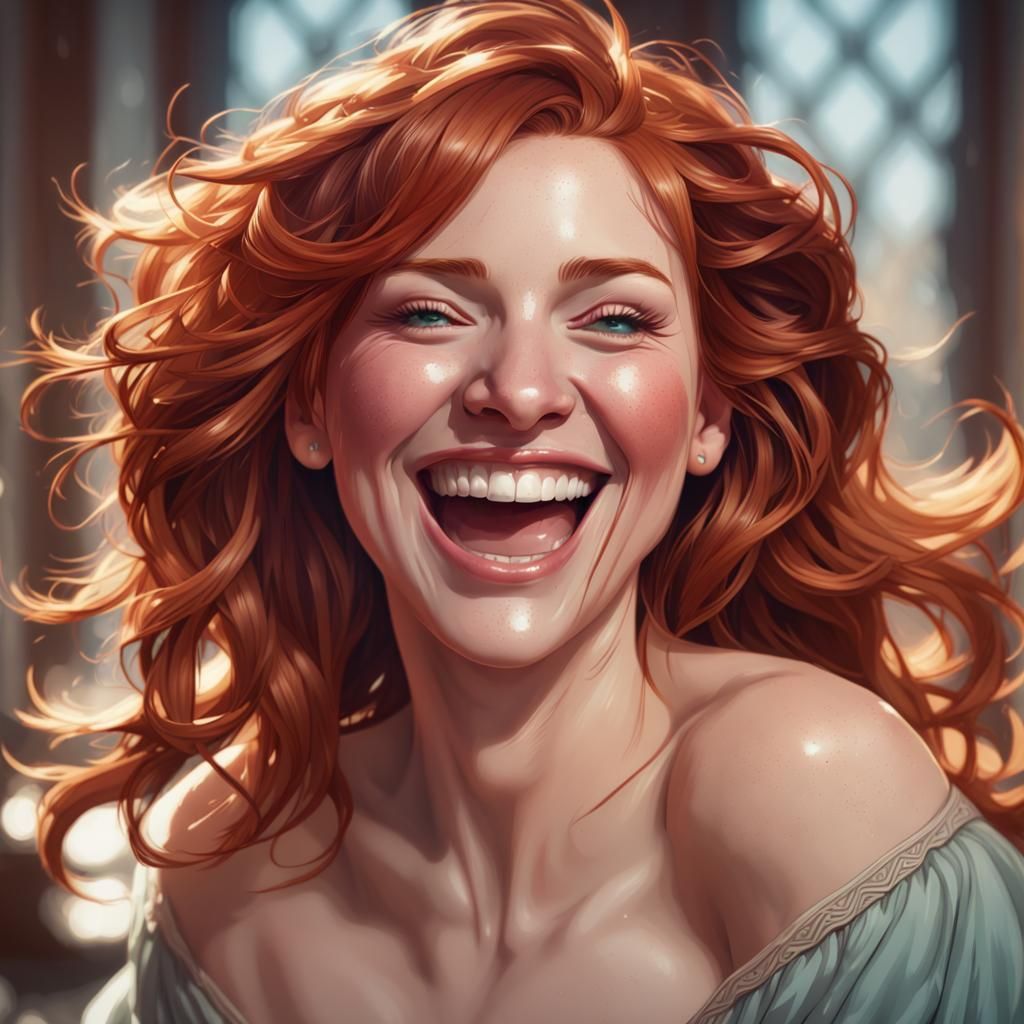 Beautiful redheaded woman laughing absolutely full of joy.  by @undefined