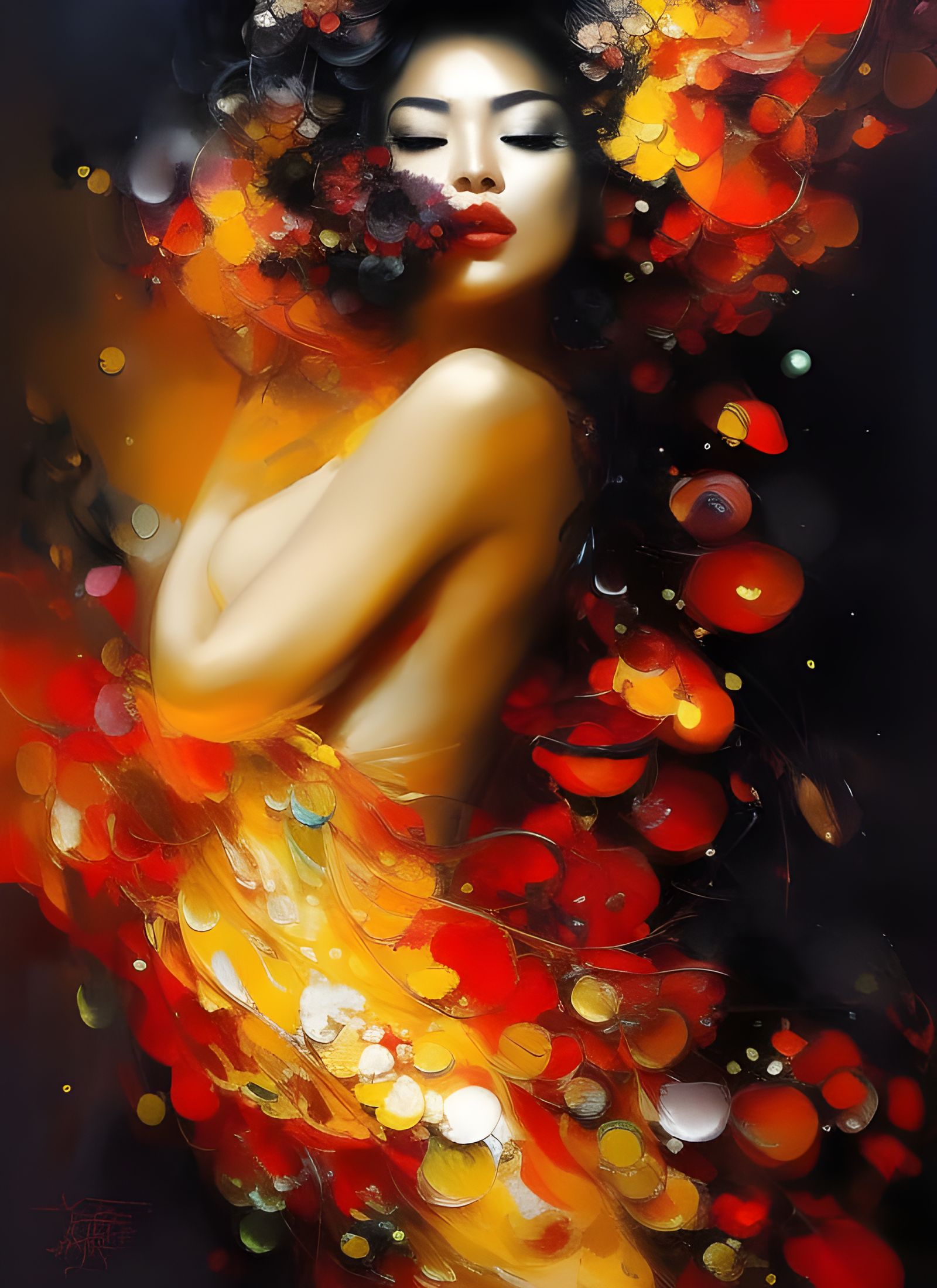 Fiery Geisha Portrait in Hyperdetailed Gouache Illustration