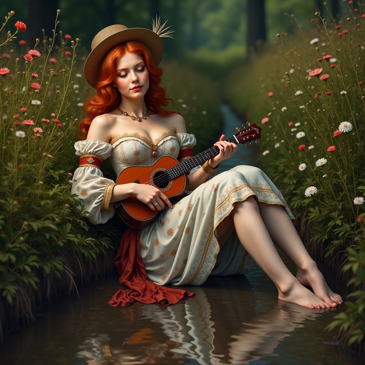 A French Renaissance Lady in Compiègne forest plays the mandolin