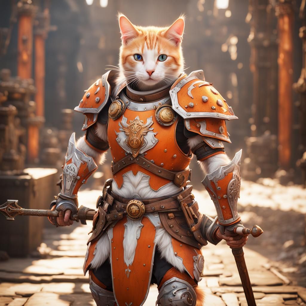 An orange and white cat in bright colored armor and weapons  by @Dantonio