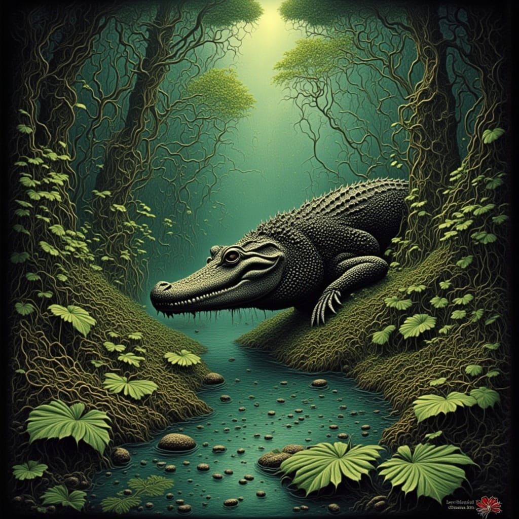 <lora:FLEUR NOIR FLUX:1.0> Gator swamp