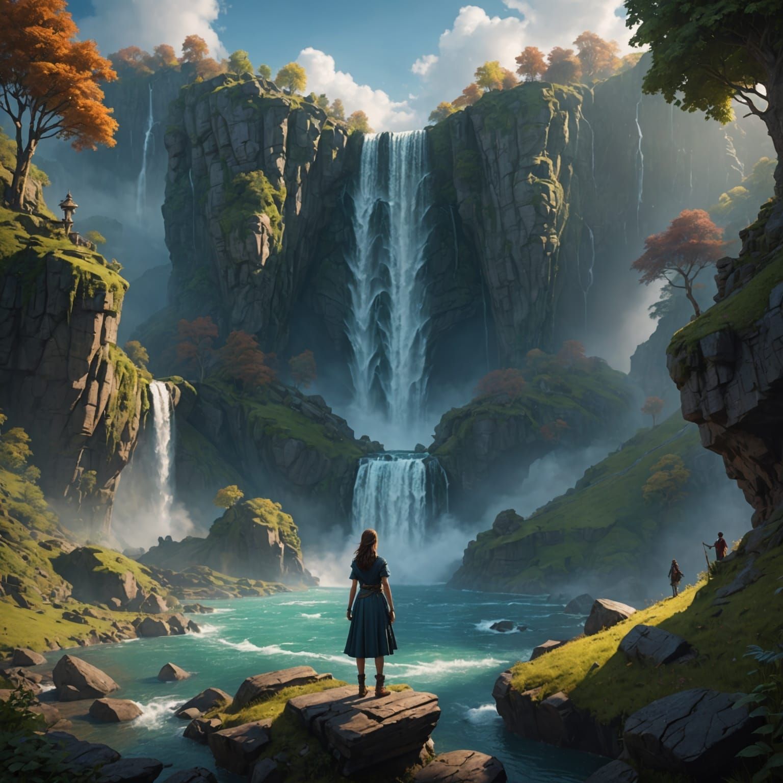 A girl standing top of the hill and waterfall beside her