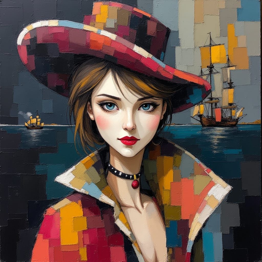 Alcohol ink, color pencil and brushed charcoal sketch, lady pirate, in the style of Artemisia Gentileschi, Wadim Kashin, intense rich summer...