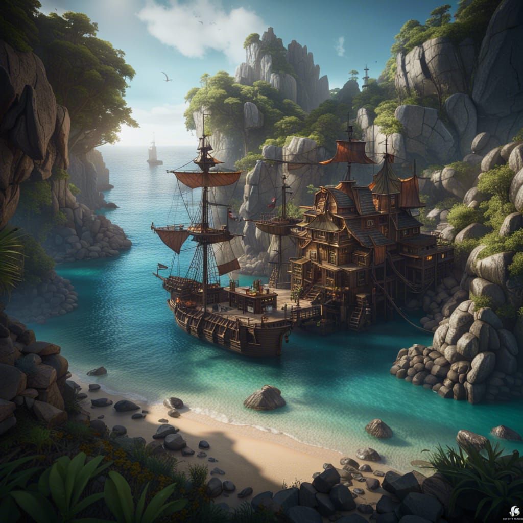 secluded pirate hideout: a hidden cove with rocky cliffs, concealed entrance, a secret treasure stash, ... false