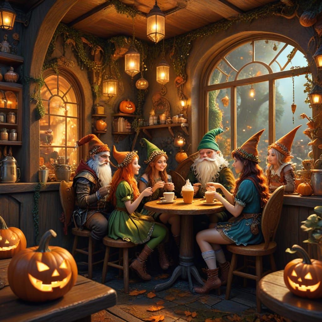 A whimsical enchanted café, a magically delightful encounter over a coffee and treat. Fairies, gnomes, ...  by @Faydra6410
