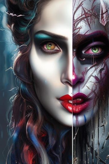 hel half horrifying half gorgeous split face, art by Carne G...
