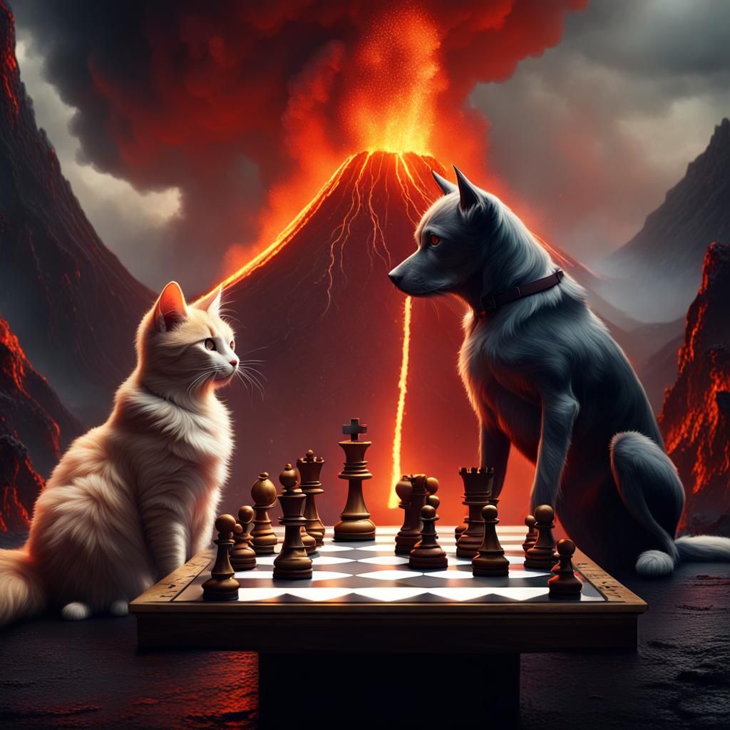 cat and dog playing chess