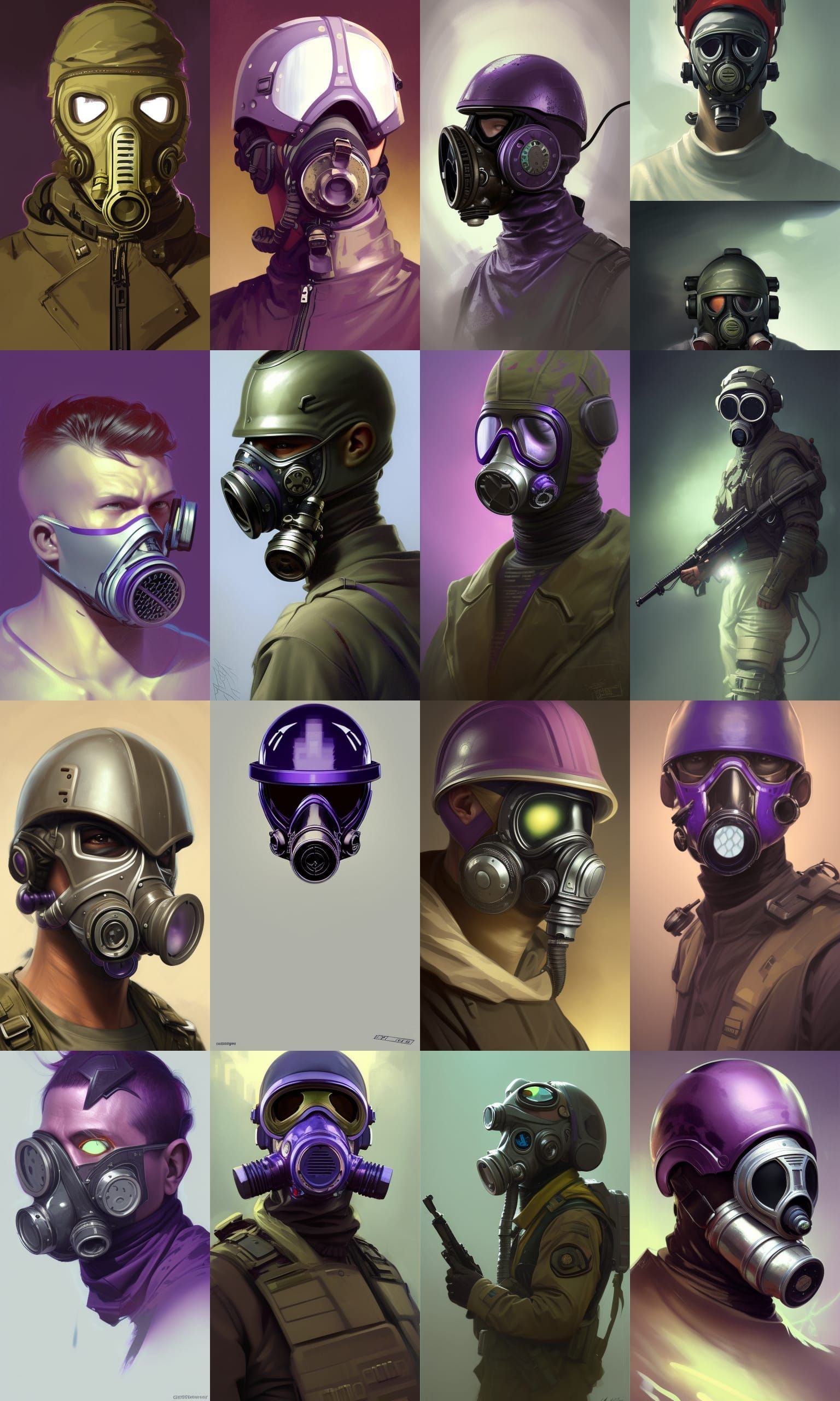 Cyber ​​soldier with gas mask and purple helmet.