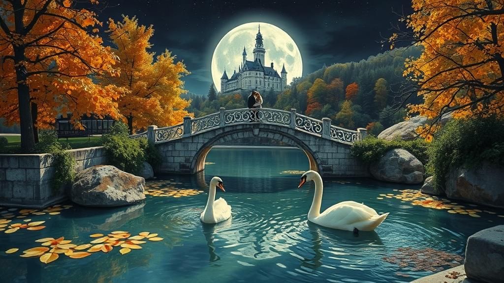 A bridge with a twisted and cast-iron fence spans a quiet pond flooded with the warm light of the full moon. A pair of lovers on the nosta a...