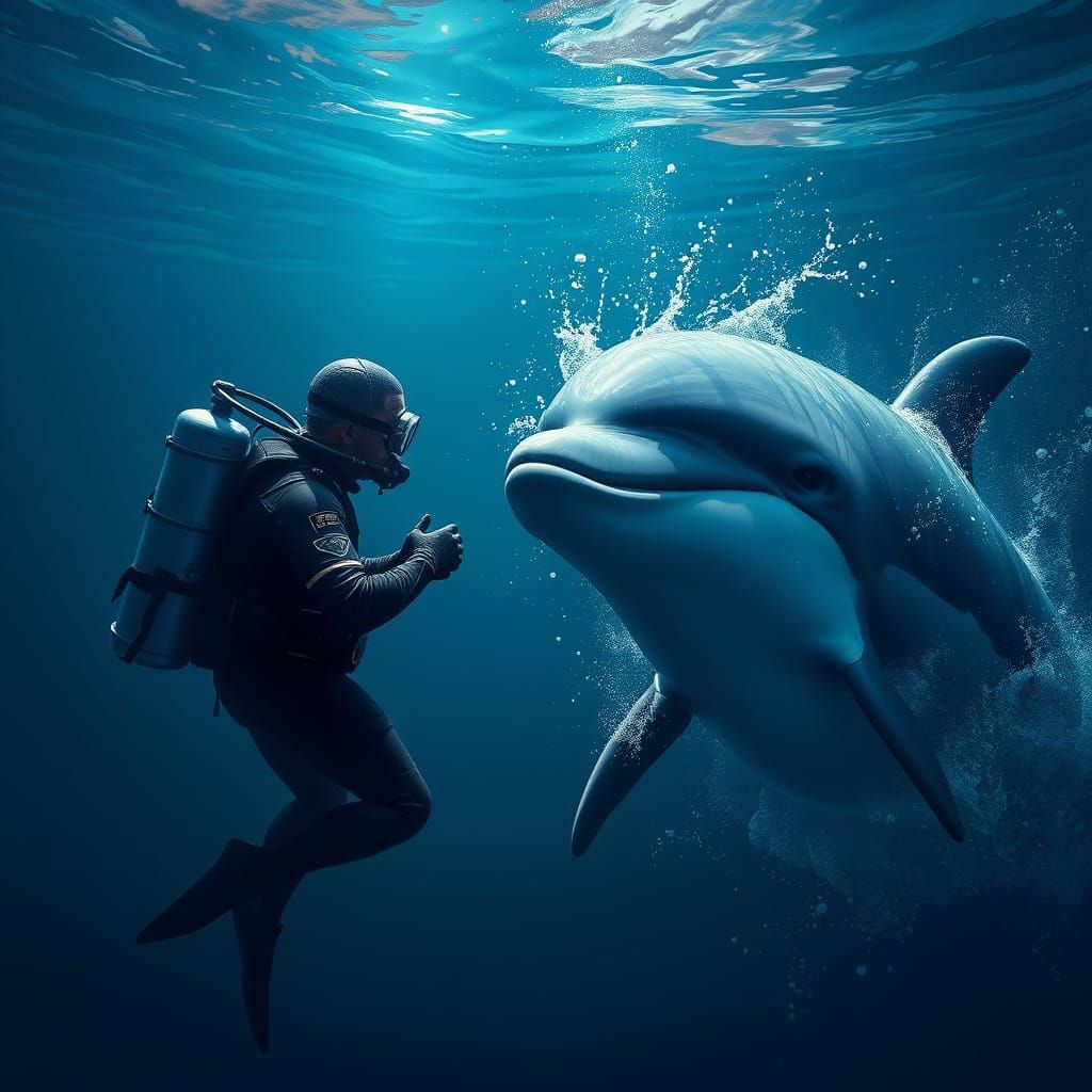 A peaceful moment between a diver and a curious dolphin or whale.  by @JennaM