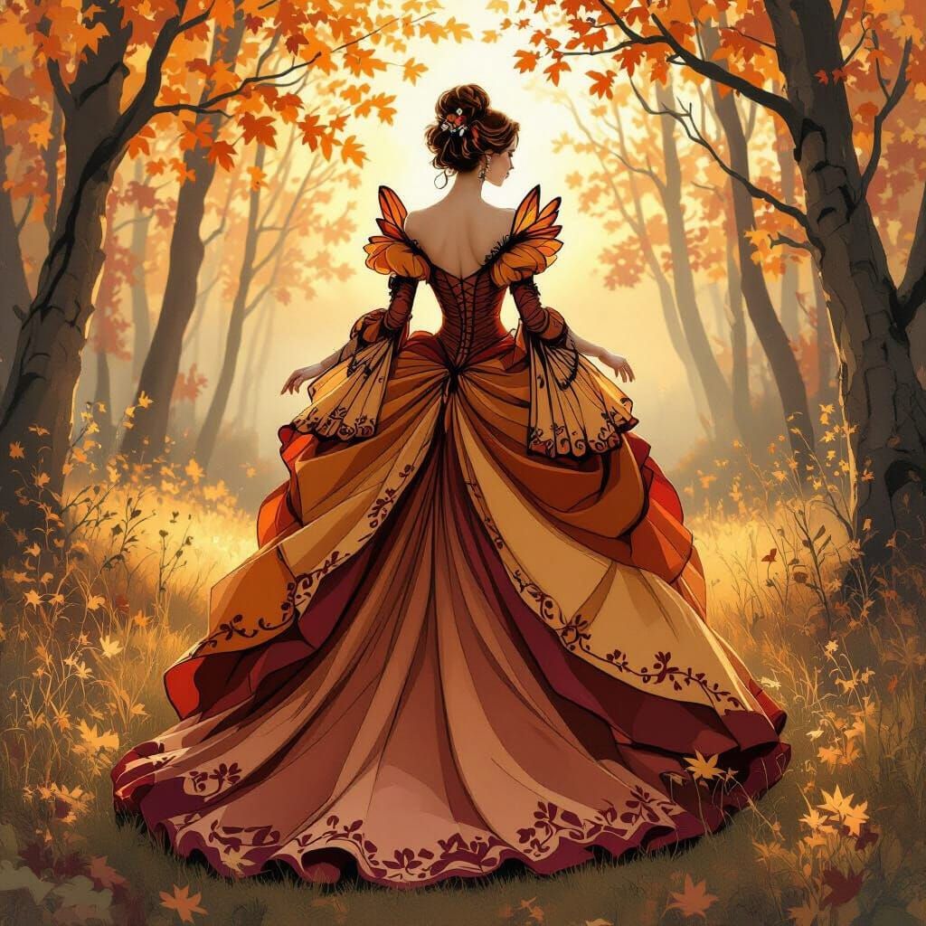 Woman in large hoop skirt gown with long butterfly sleeves. Gown in autumn colors