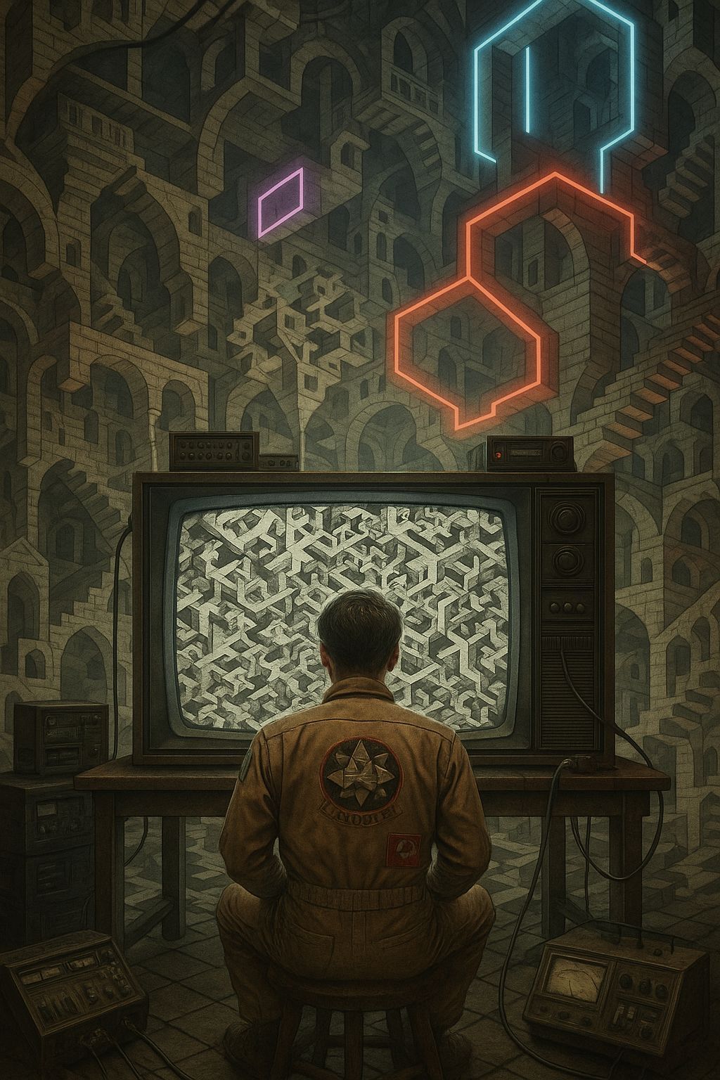 Man Mesmerized by Geometric Patterns in Cyberpunk Style