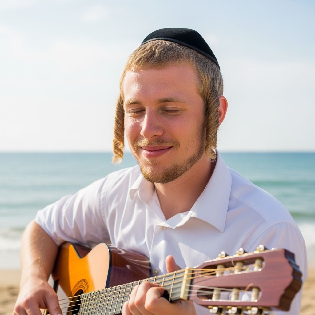 Orthodox Jewish Man Plays Guitar on Beach