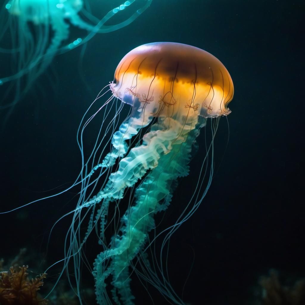 Forest in abyssal waters. (Bioluminescent jellyfish and phytoplankton ...