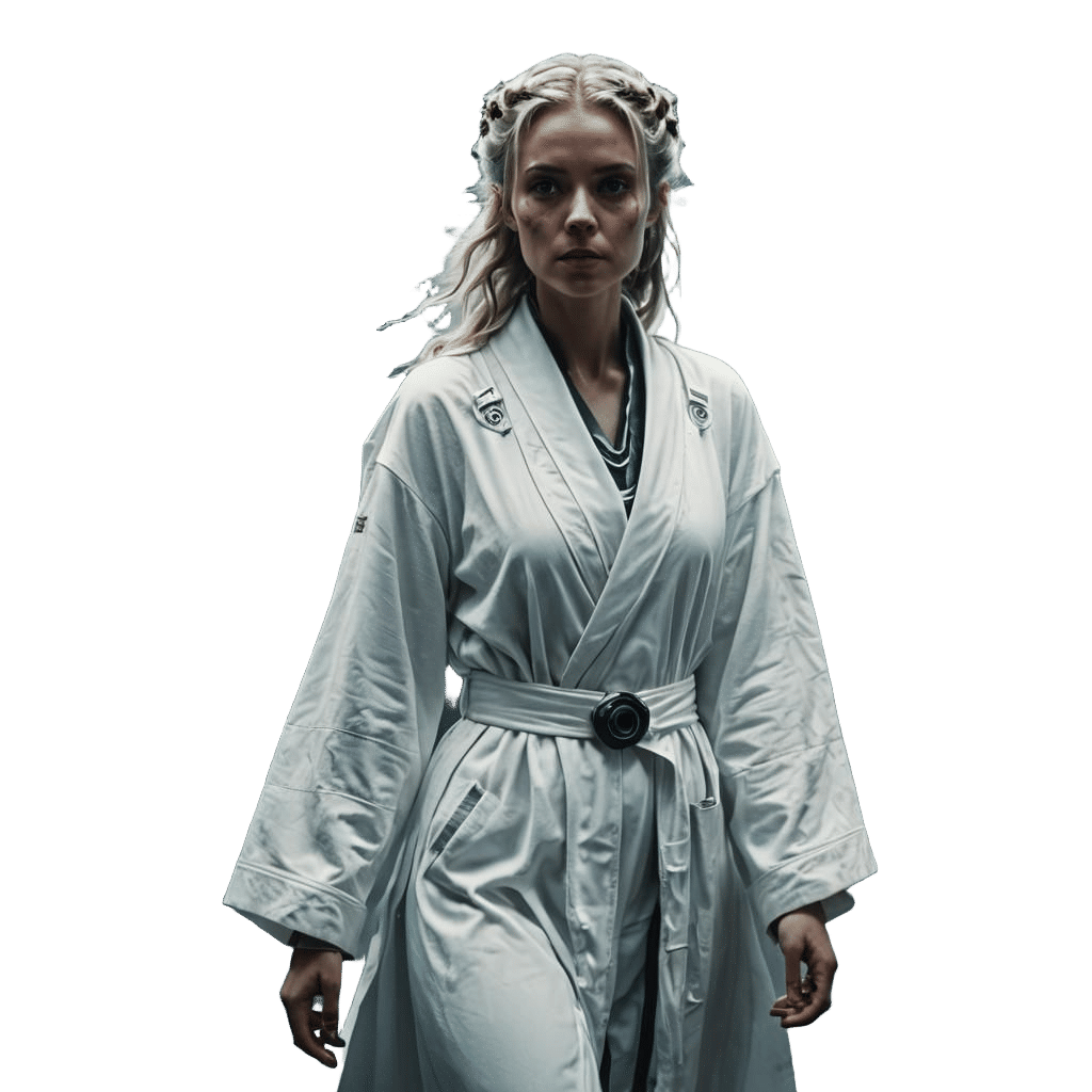 Angellic sci fi woman dressed in white sci-fi white robes, scipunk, cyberpunk, ethereal, dreamy, magical, epic, emotional