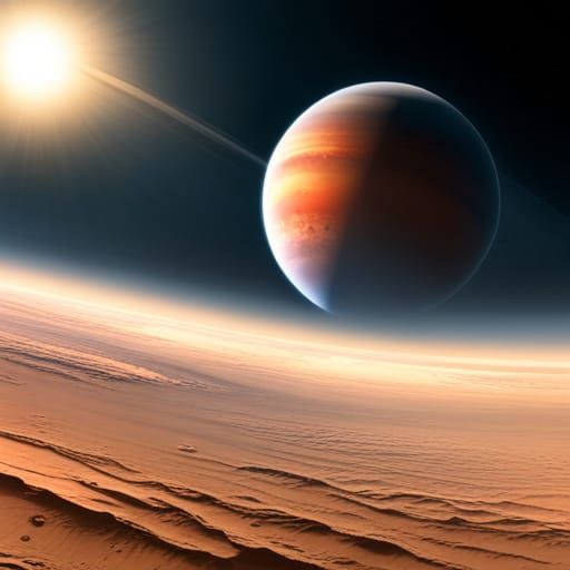 Amidst the cosmos, Mars' fiery red orb opposes Jupiter's cal...