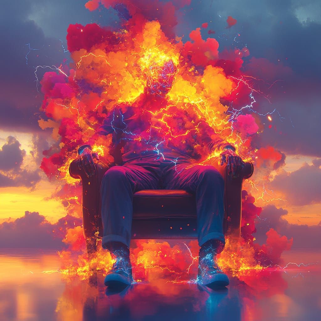 An ancient (blindfolded:3) monk wearing robes made of fog and mist, his form a dynamic, ever-shifting mass of pure energy, clouds of vibrant...