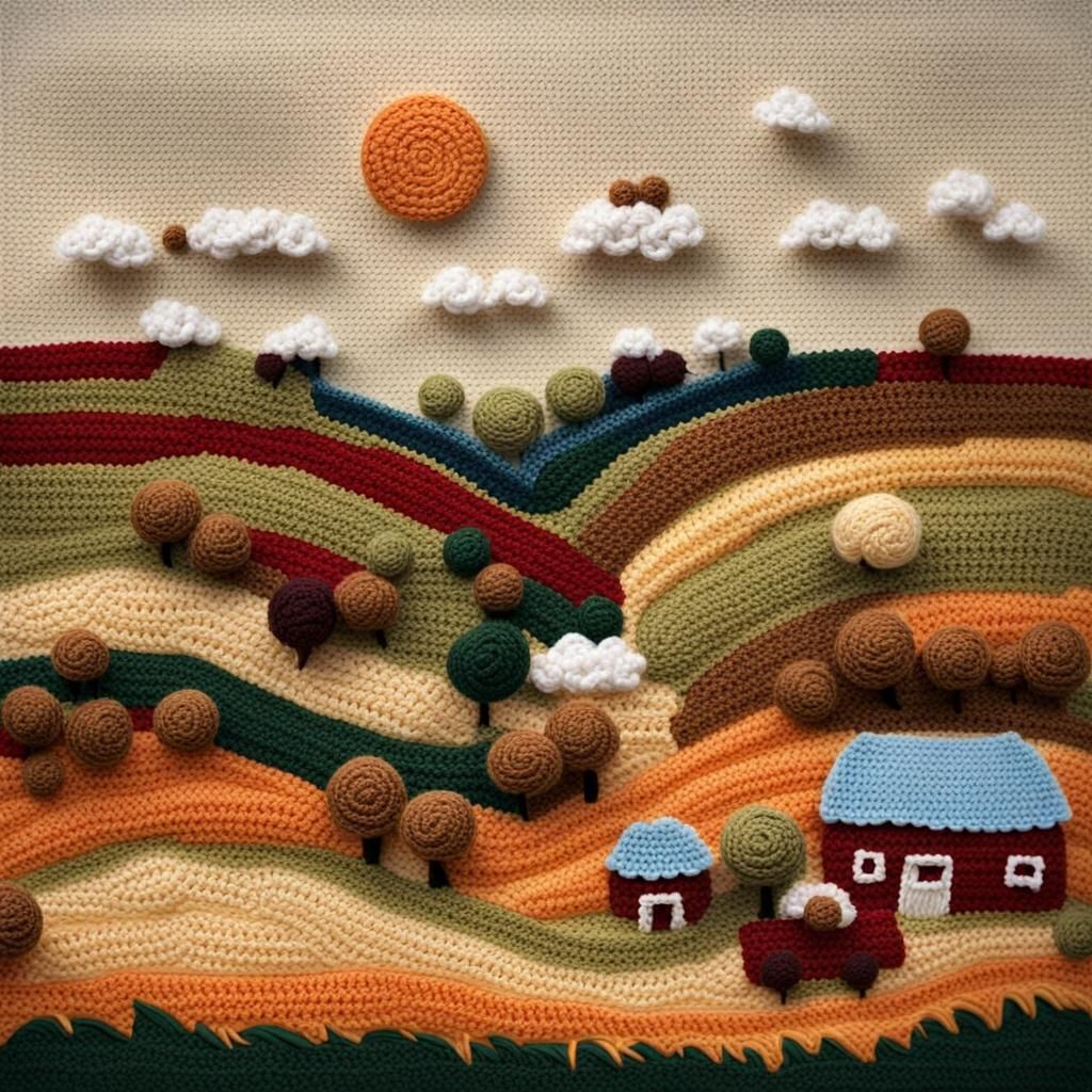 landscape of a farm scene, with rolling hills and fields made of crochet yarn  by @mrclueis