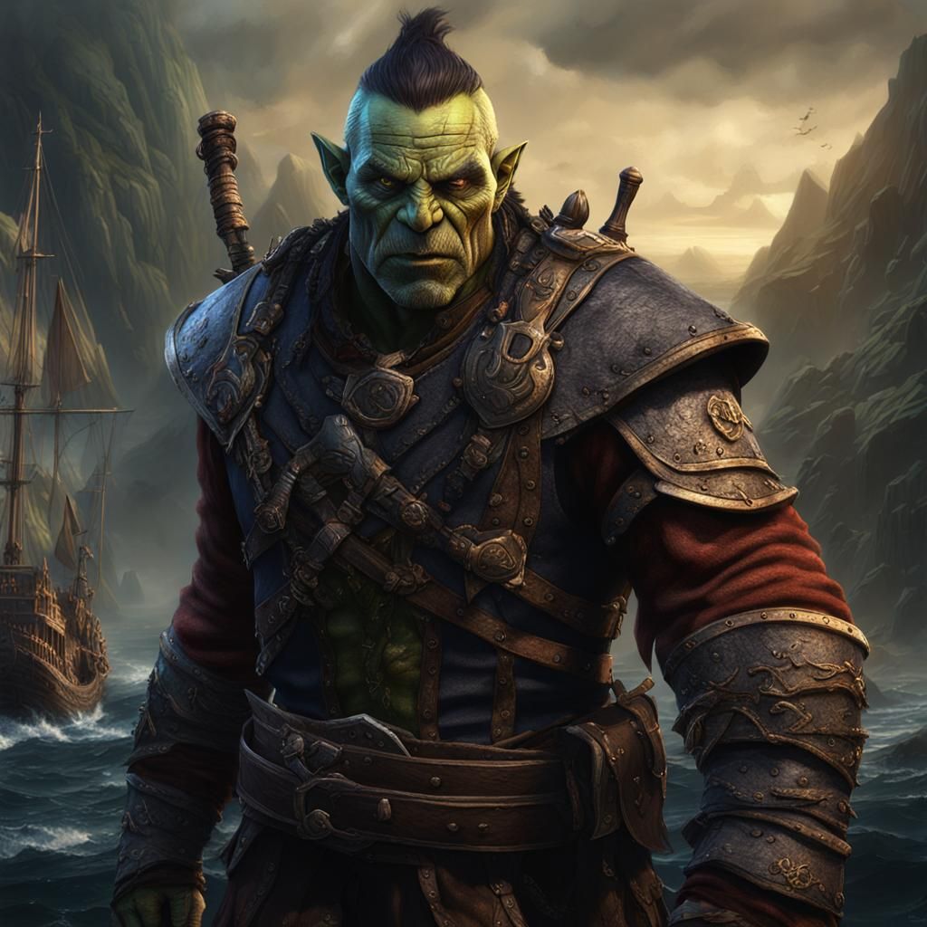 half orc, art, sailor/bosun, dark fantasy