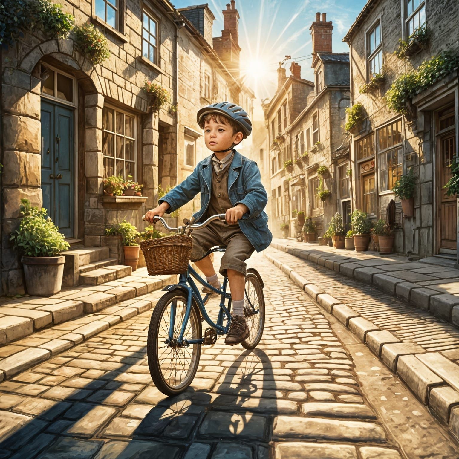 an eager, determined small boy rides an enormous bicycle wit...