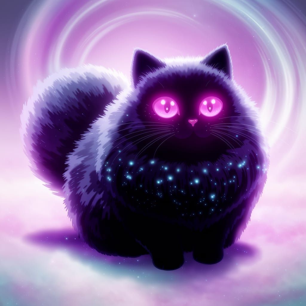 Whimsical Black Cat in a Galaxy Background with Pixel Art Ae...