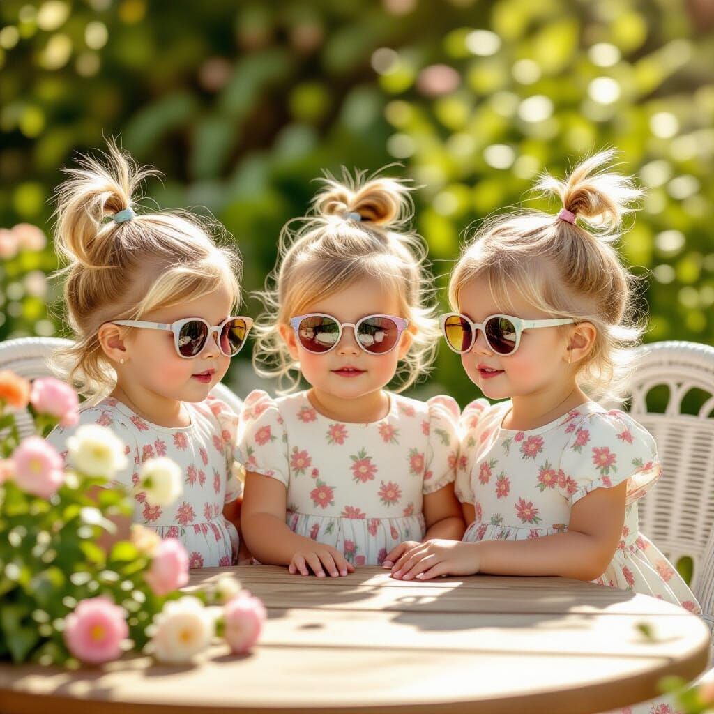 Golden-Haired Triplets in Flower Garden, Impressionistic Sty...