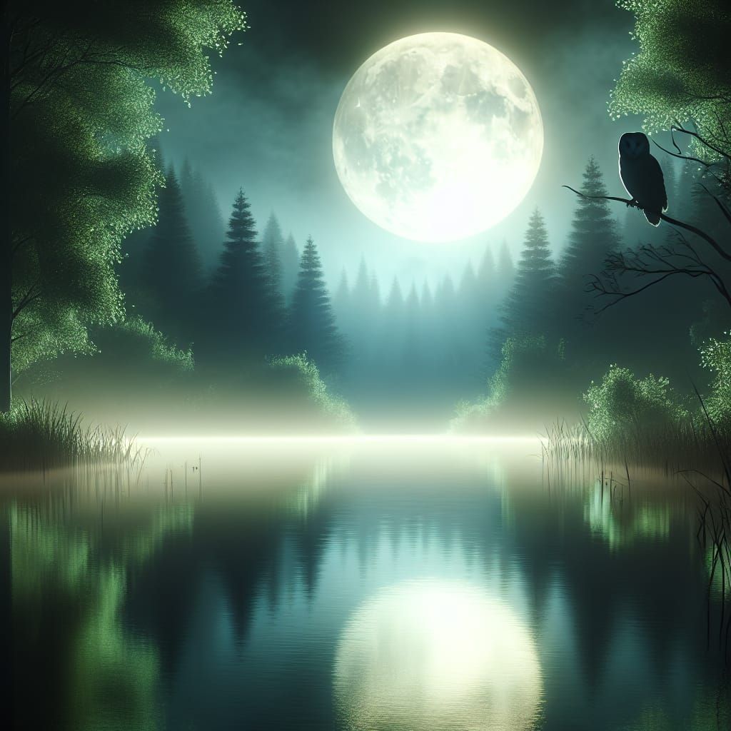 Moonlit Lake with Owl in Peaceful Night Scene