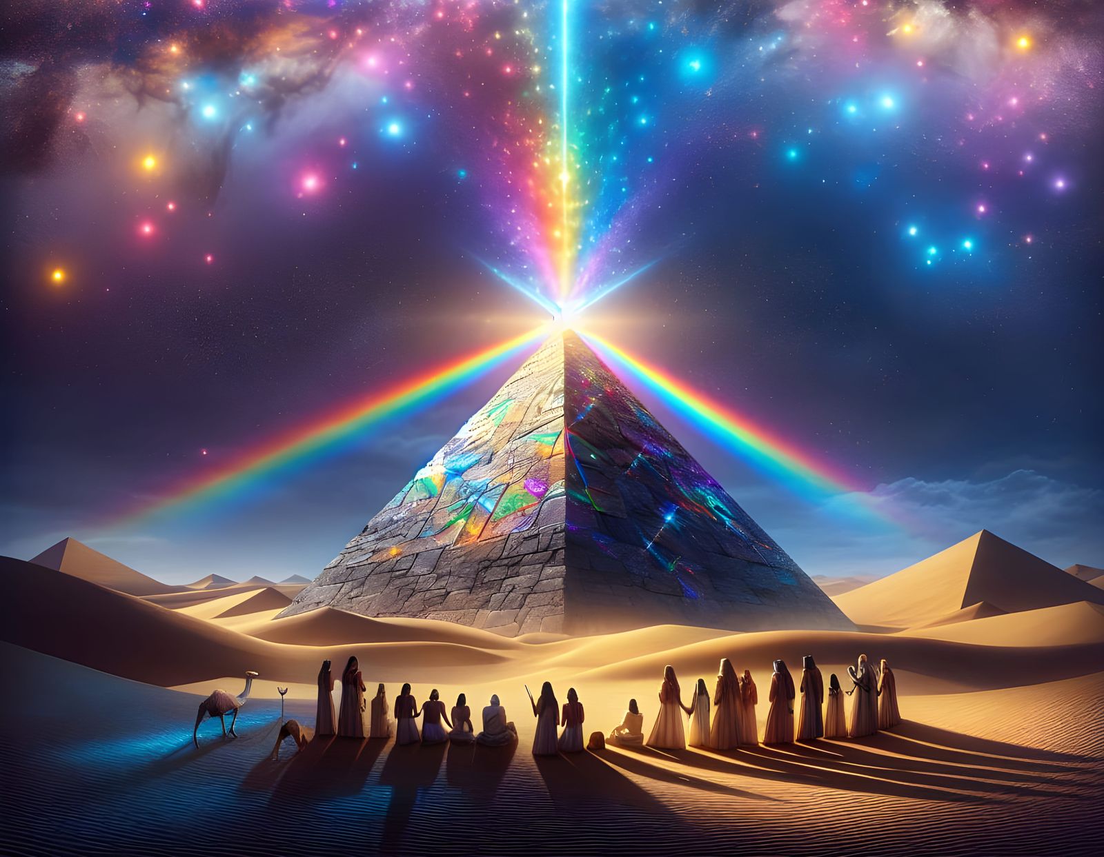 Magical Pyramid Refracts Starlight in Surreal Landscape