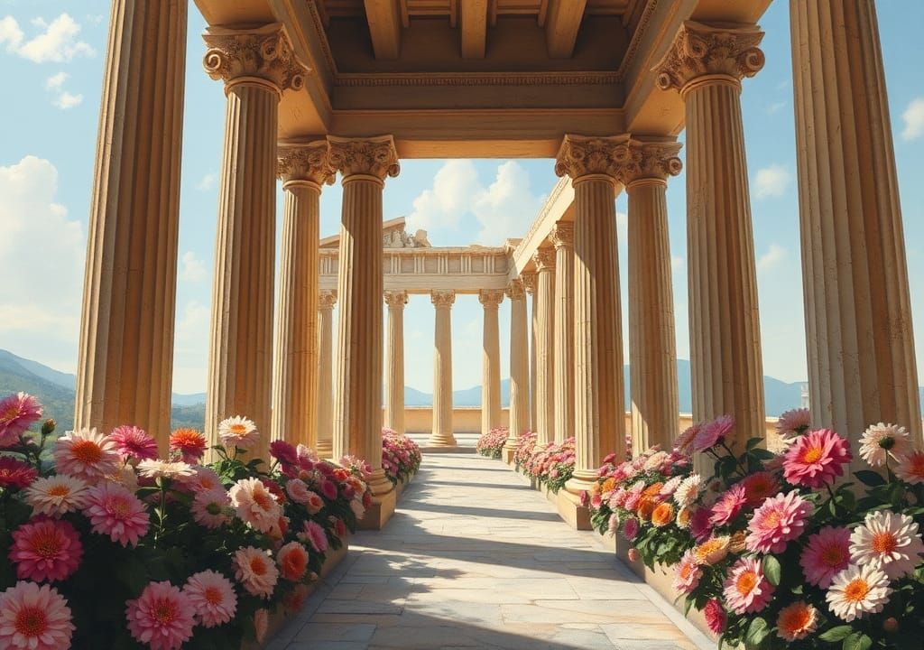 INTERIOR The Acropolis, Dahlias AROUND COLUMNS, oil painting...