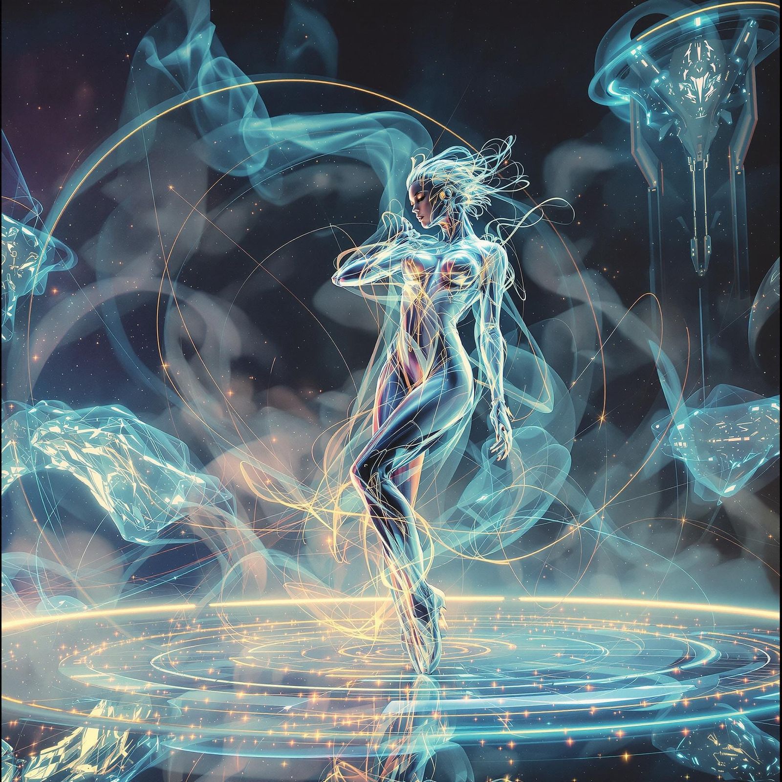 A holographic dancer on stage  by @Qu