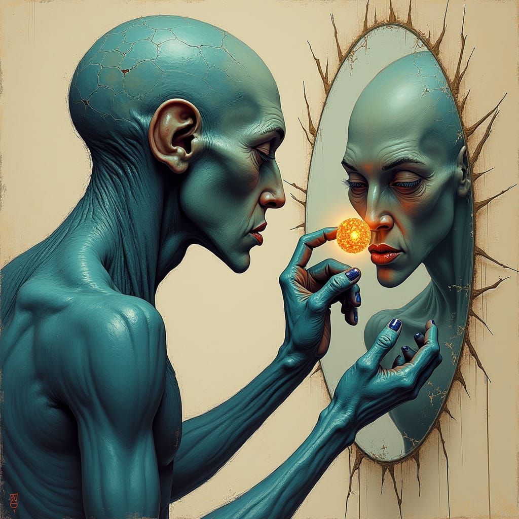 Alien Self-Portrait with Orb in Illustration Style