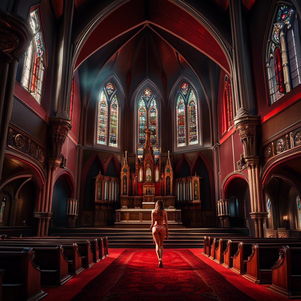 Old church inside,red tied bikini, intricate details, HDR, b...
