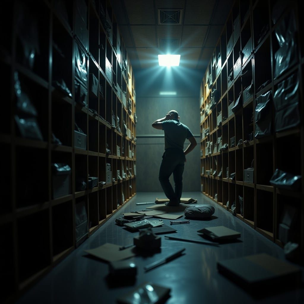 A figure rummaging through a dimly lit storage room, their flashlight