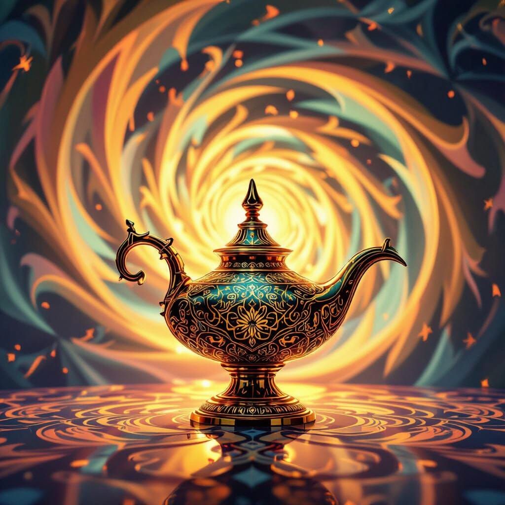 Aladdin’s lamp, abstract. Three point perspective. Dynamic analogous colors and lighting.