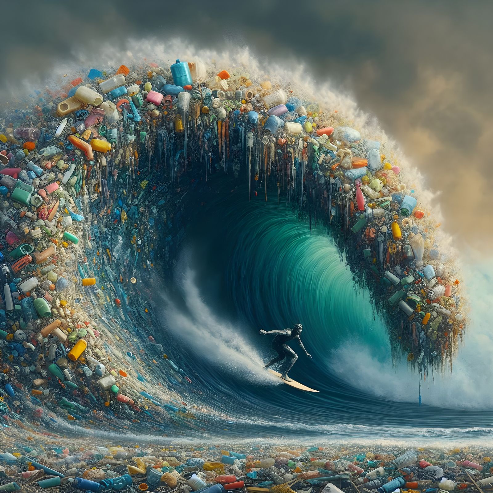 Surfer on a giant wave filled with colorful trash