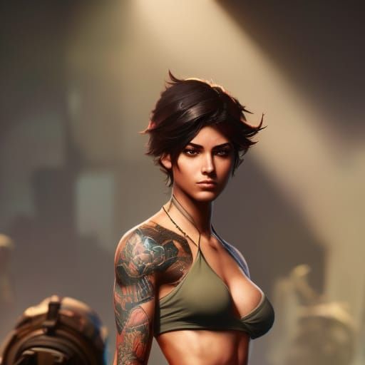 KREA - athletic beautiful tomboy girl with short dark blue hair, sport bra,  full body shot, artstation, kyoani, high resolution, 4k, lighting