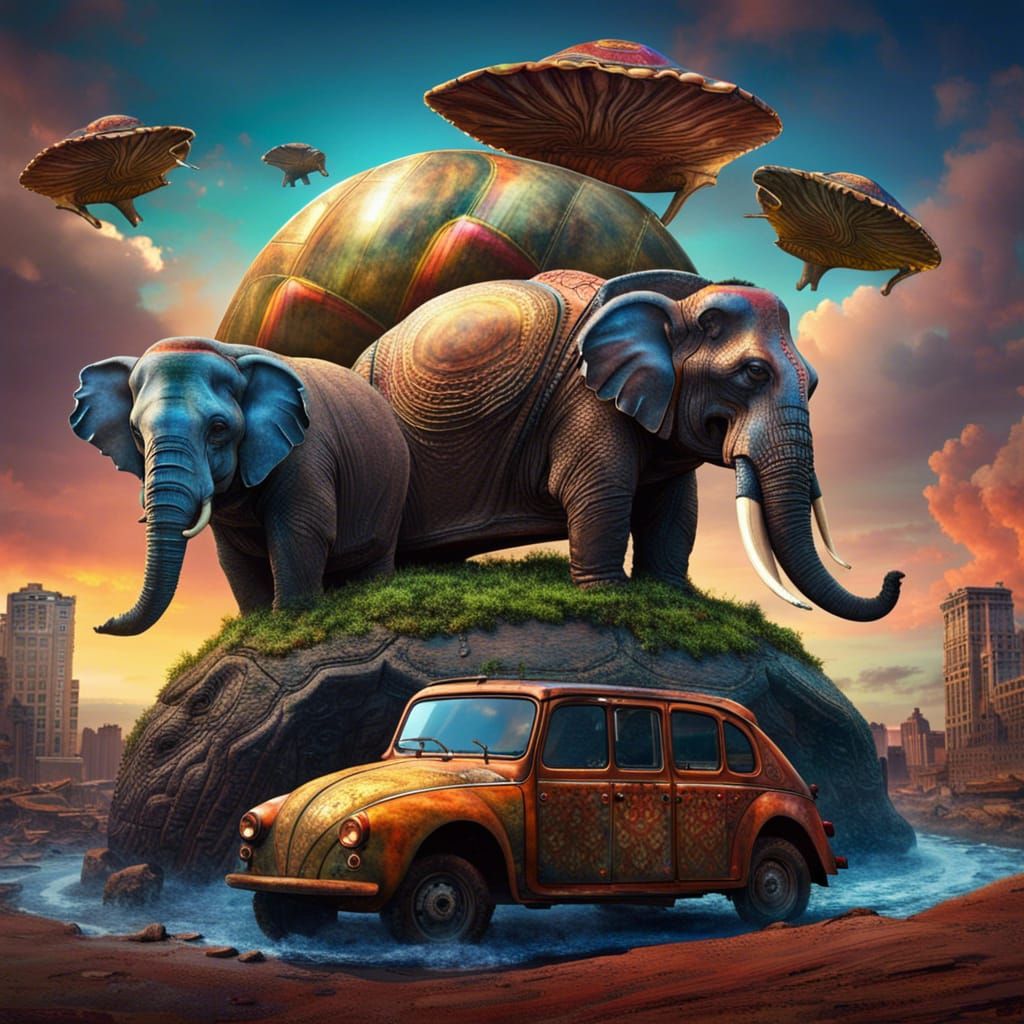 world on the backs of four elephants standing on the shell of a giant tortoise and a CAR over it