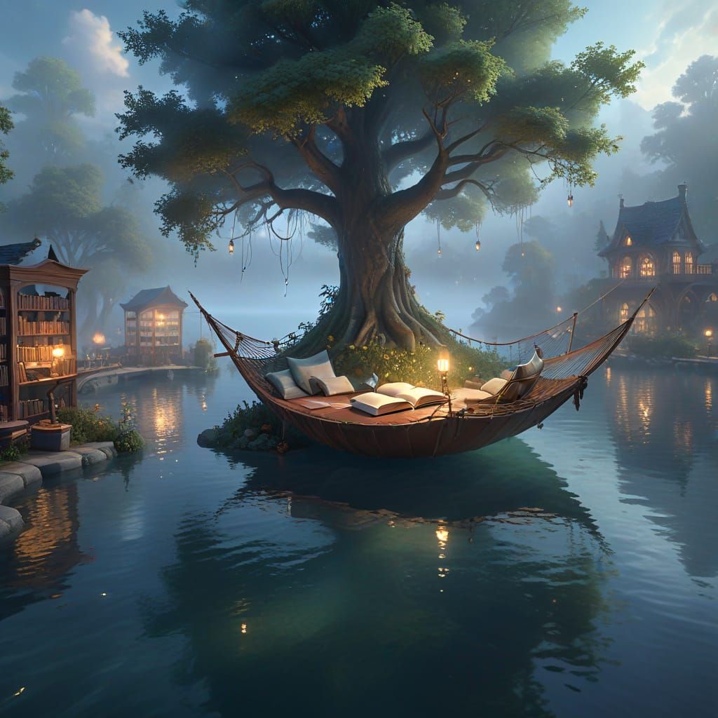 A floating library island, where bookshelves drift lazily on calm waters and readers lounge in cozy hammocks between them
