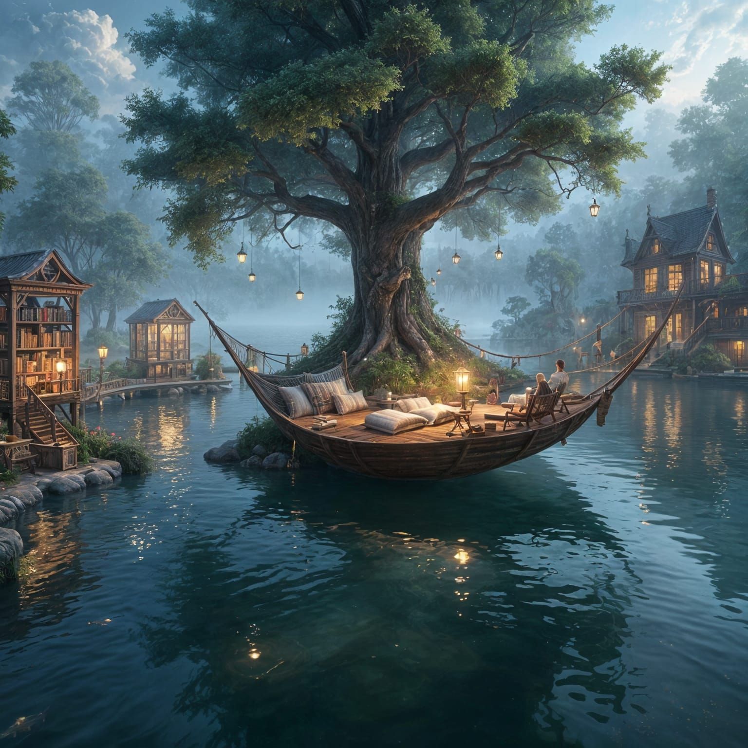 A floating library island, where bookshelves drift lazily on calm waters and readers lounge in cozy hammocks ...  by @Schoor