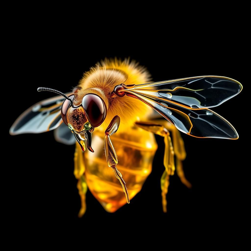 a beautiful bee made out of glass on a black background with...